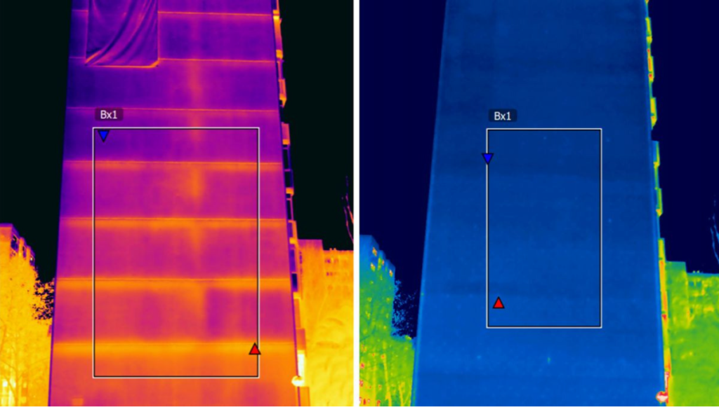 Comparative thermography between a building with significant energy losses due to the structural elements (left) and the same building renovated and correctly insulated on the outside (right).