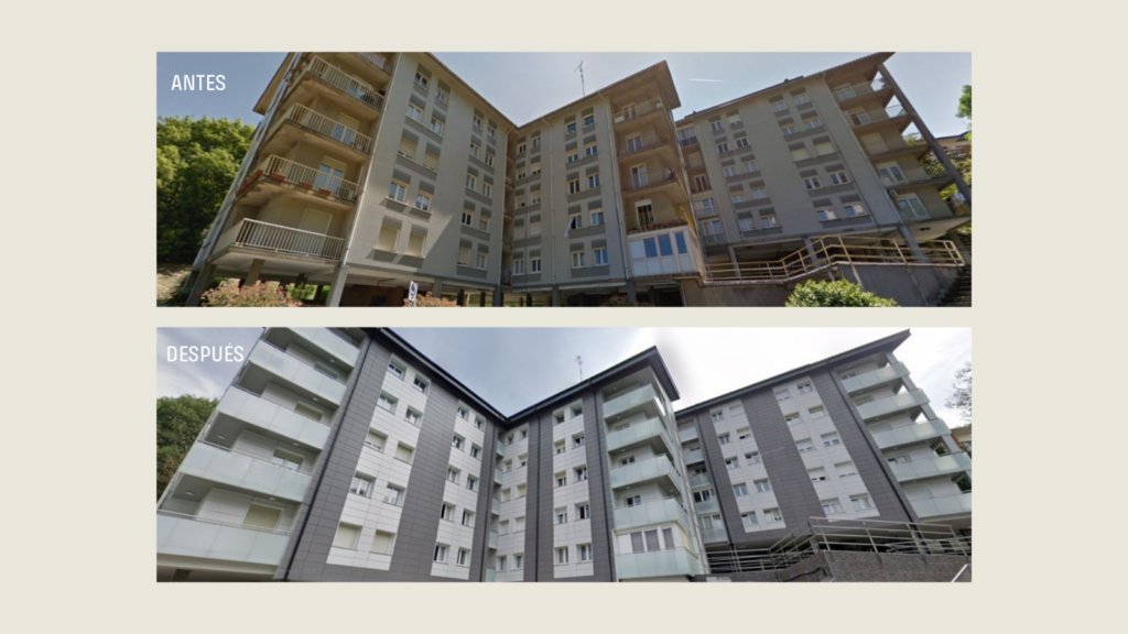 Antes y después de la rehabilitación de un edificio con fachada ventilada cerámica