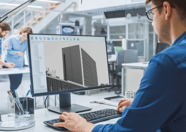 Equipo de arquitectos en un estudio moderno utilizando inteligencia artificial para optimizar el diseño de un proyecto arquitectónico